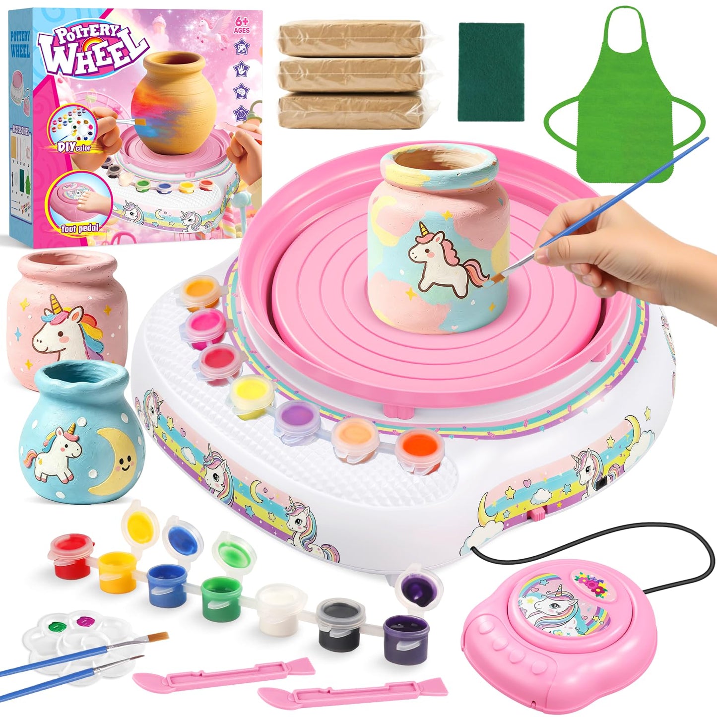 Pottery Wheel for Kids Complete DIY Pottery Painting Kit, Arts and Crafts for Kids Ages 8-12 with 3 Air-Dry Clay Packs and Tools, Unicorn Art Supplies Toys Birthday Gift for Boys Girls 6+ Years Old