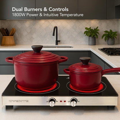 OVENTE Infrared Ceramic Double Burner, 1800W Electric Countertop Hot Plate with Black Crystalline Glass, Portable Stainless Steel Cooktop for Home, Office, or Dorm Use, Black BGI302GB