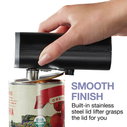Proctor Silex Automatic Electric Can Opener, Hands Free Cordless Operation & USB Rechargeable, Self-Aligning, Cut Smooth Touch Lid Edges, Compact and Easy to Store, Black