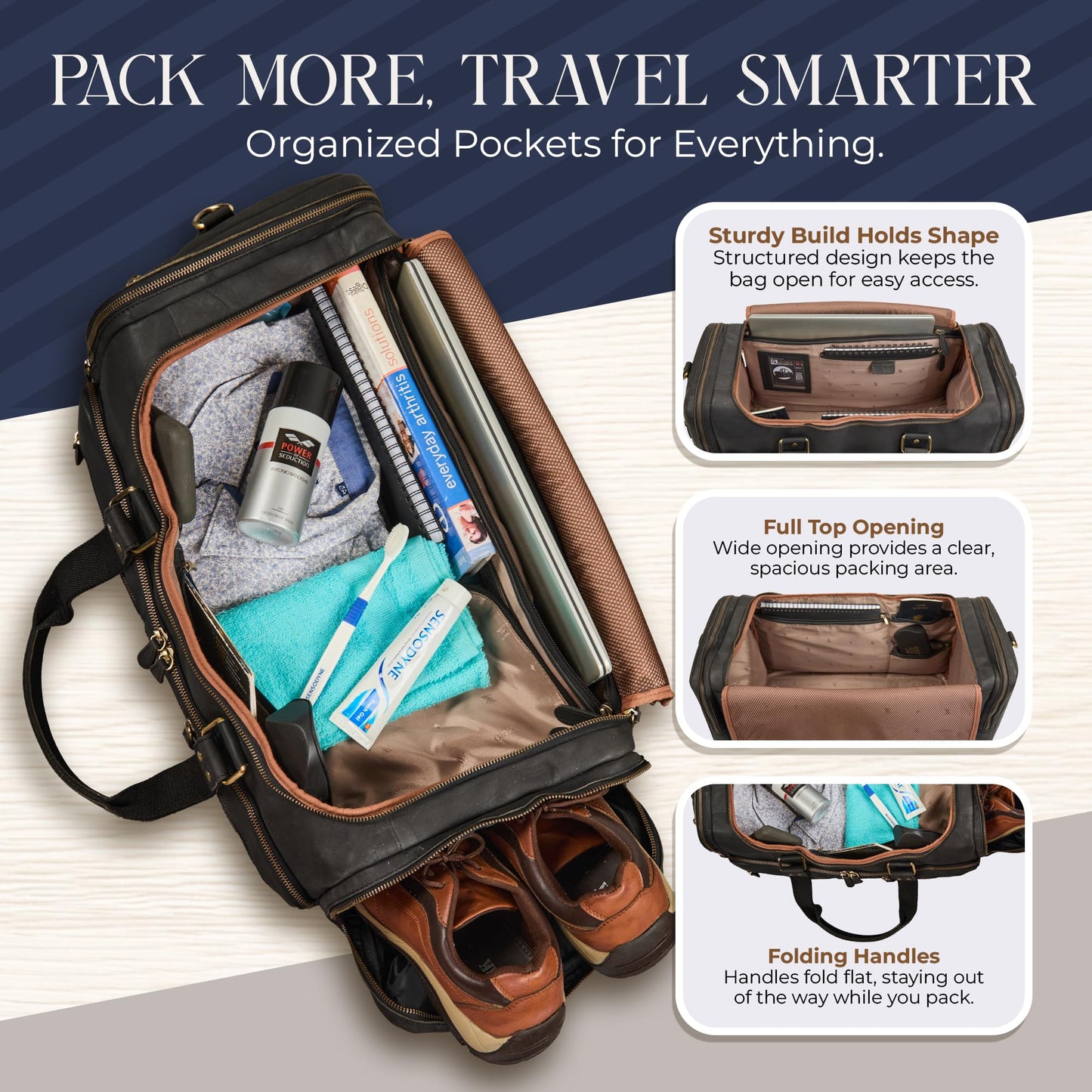 Luxorro Full Grain Leather Duffle Bag for Men | TSA Approved 22x14x9 Carry On Luggage | 22 Inch, 45L Capacity | Overnight Weekender & Travel Duffel | Black
