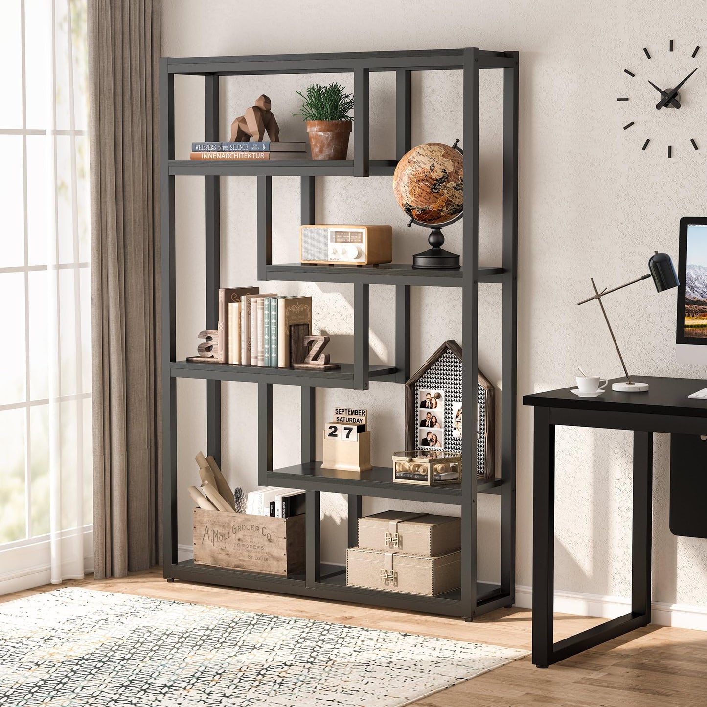 Tribesigns Way to Origin 6-Shelf Modern Bookshelf Set of 2, Industrial Etagere Bookcase, 69-Inch Tall Storage Display Staggered Shelves with Sturdy Metal Frame, Black