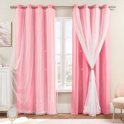 2 72 Inches Grommet W52 L72 XiDi Pink Curtains for Kids Girls Bedroom Panels Blackout Double Layer Curtains with Sheer