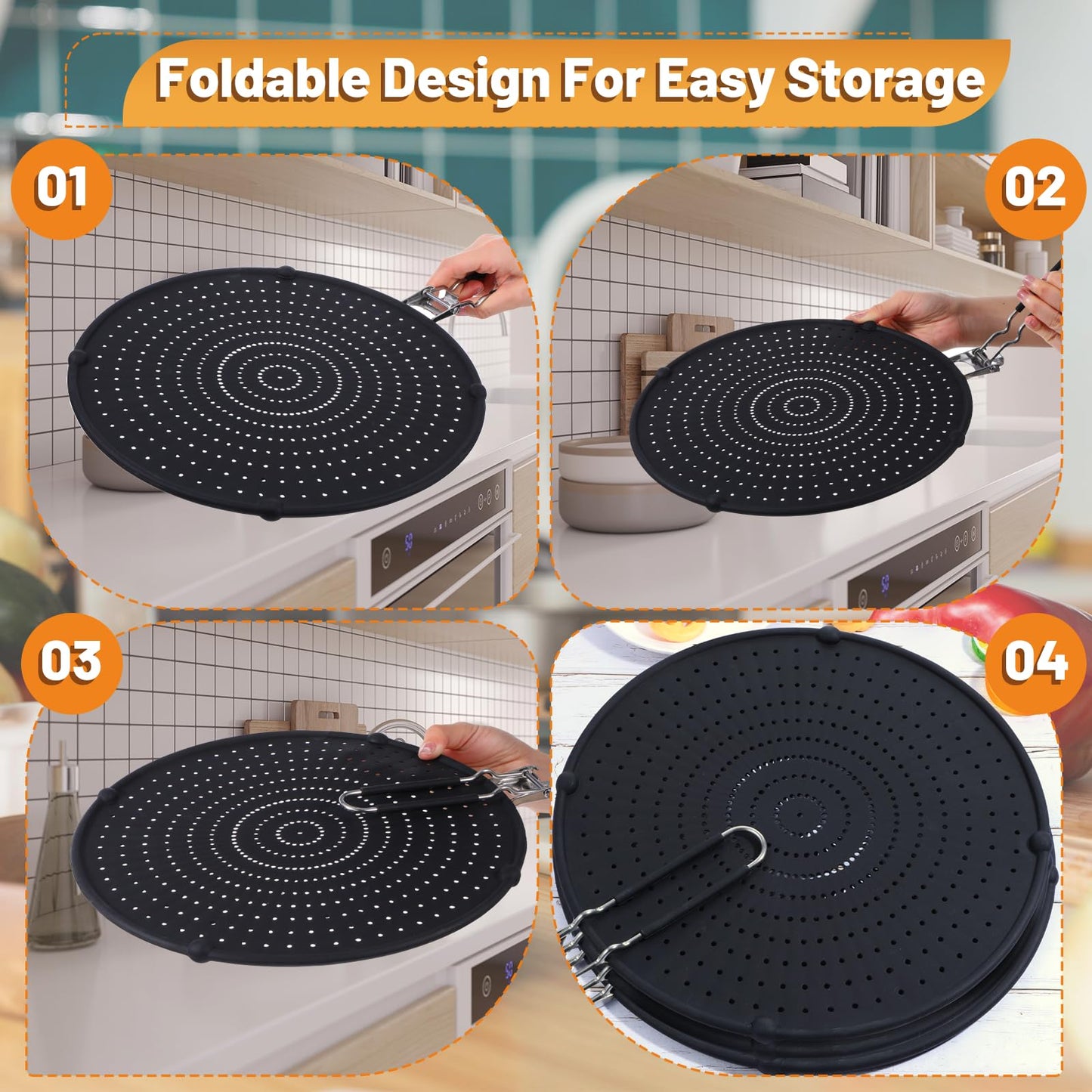 3 Pcs Silicone Splatter Screen for Frying Pan Grease Oil Splatter Collapsible Splash Guard Heat Resistant Multi Use for Baking and Cooking(Black)