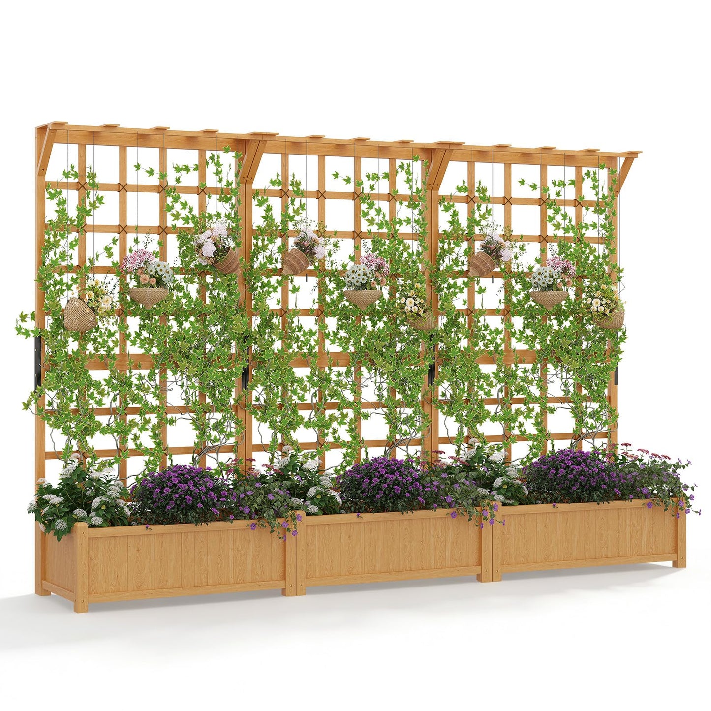 Aoxun 108" Wooden Raised Garden Bed with Trellis & Hanging Roof, 3-Piece Plant Planter Boxes for Climbing Vines, Flowers & Plants