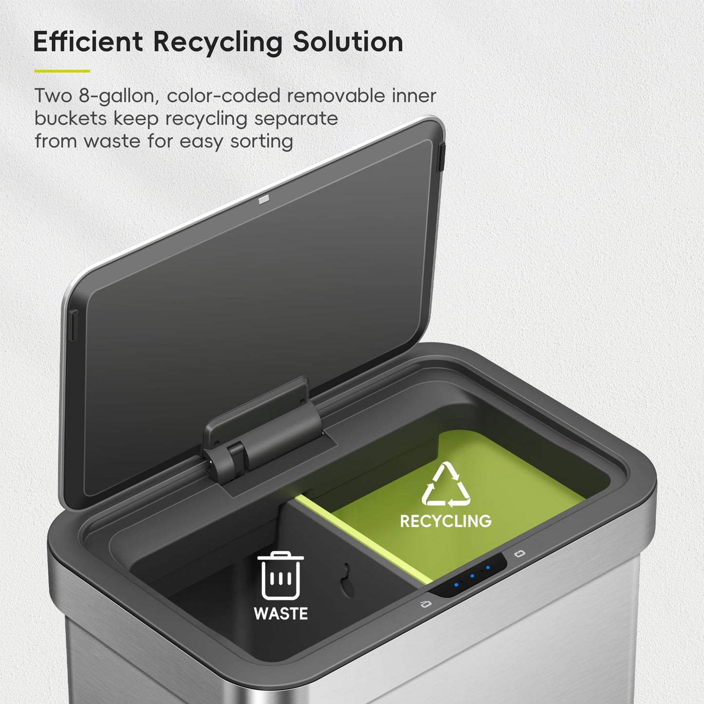 EKO Econova 30L+30L Dual Compartment Motion Sensor Trash Can, 16 Gallon Automatic Kitchen and Recycling Bin, Soft-Close Lid, Fingerprint-Resistant Stainless Steel Garbage Bin, 2 Inner Buckets