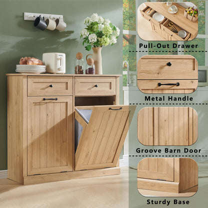 IFGET Double Tilt Out Trash Cabinet, 20 Gallon Farmhouse Laundry Hamper Cabinet with 2 Drawers, Hidden Wooden Trash Can Cabinets with Storage Basket for Kitchen, Living Room (Natural)