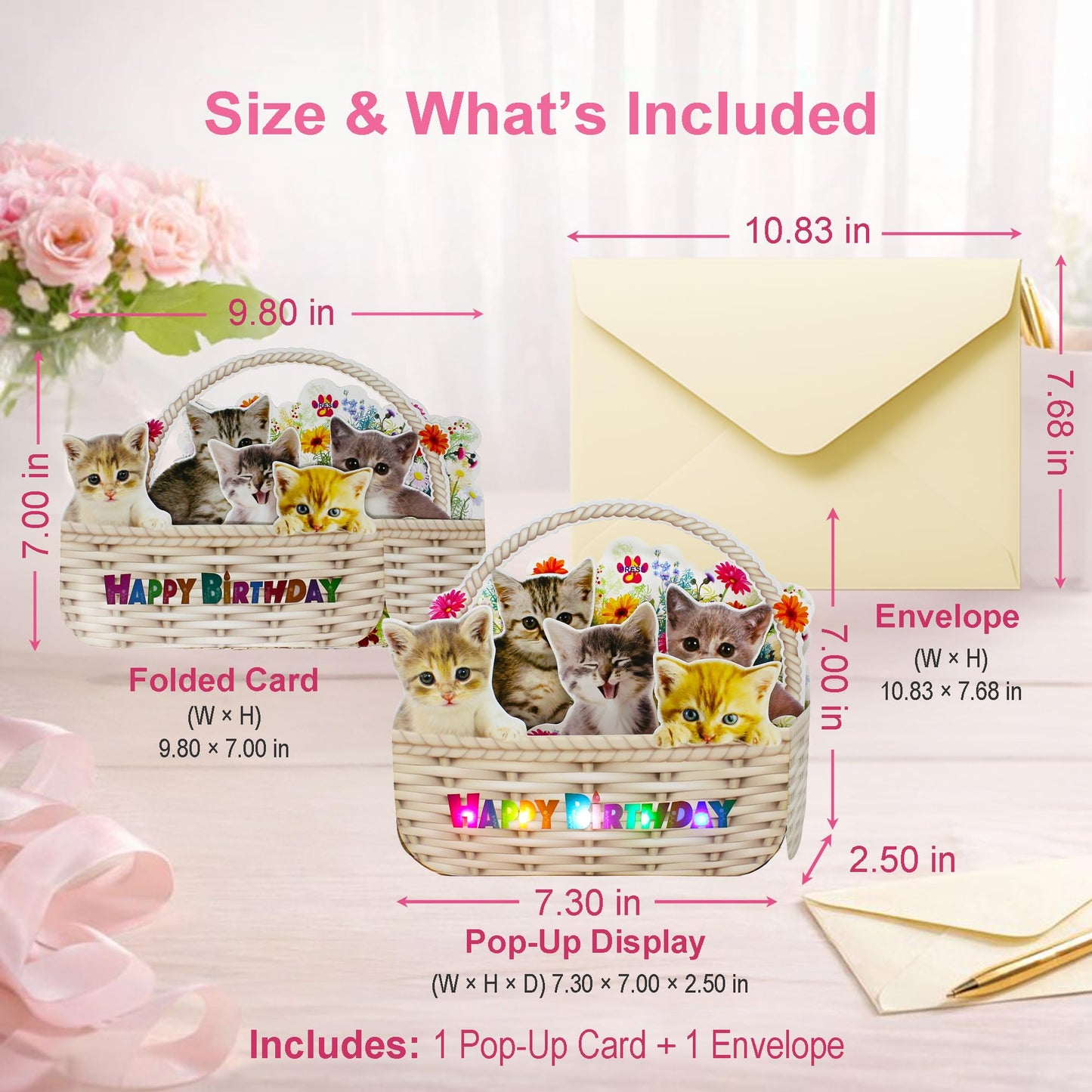 Miss Girlie Girl Musical Cat Birthday Pop-Up Card with LED Lights – 2 Happy Birthday Songs Meows & Violin – Cute Kittens in Flower Basket – Light Up 3D Greeting Card for Cat Lovers, Kids, Women, Friends
