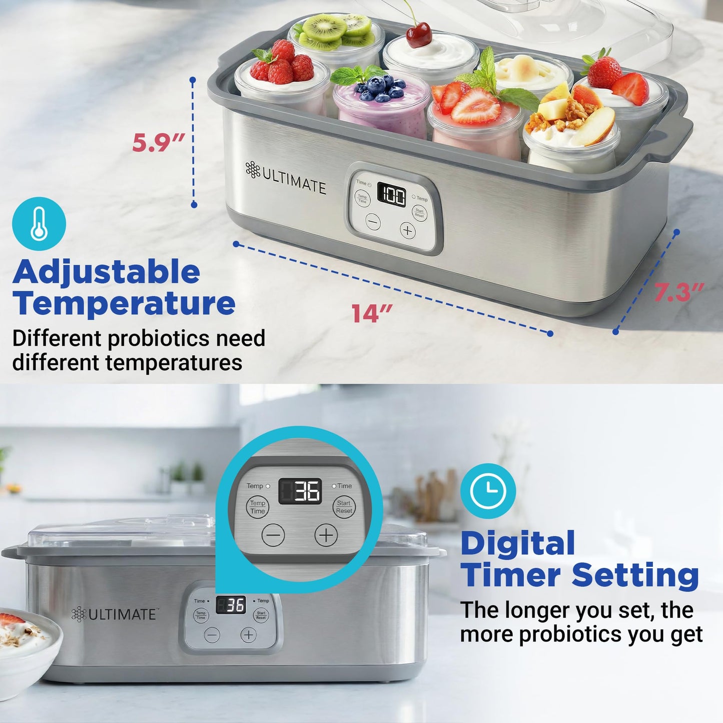 Ultimate Probiotic Yogurt Maker with Adjustable Temperature & Time Control - Make Trillions of Live Probiotics & Get Better Gut Health - ULTIMATE LIFETIME WARRANTY - Wellness Gifts for Men & Women