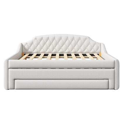 Merax Upholstered Full Size Daybed with LED Lights, Trundle & 3 Drawers, Linen Sofa Bed for Guest Room & Small Spaces, Beige