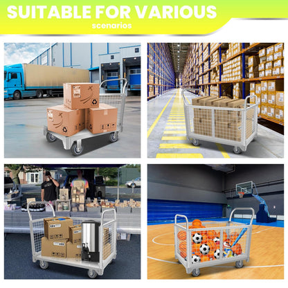 Heavy-Duty Platform Truck Cart with Cage, 2200LBS Capacity Reinforced Flatbed Truck for Warehouses. 4-in-1 Multifunctional Truck Cart with 360° Wheels, Versatile Platform Truck for Home & Business.