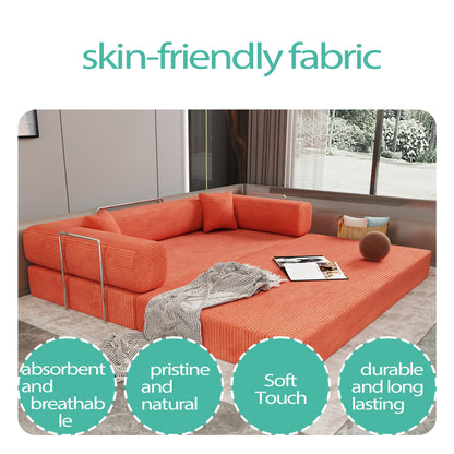 KEIKI Convertible Futon Floor Sofa Bed with Pillows, Corduroy Foldable Sleeper Couch for Living Room & Bedroom, Tangerine