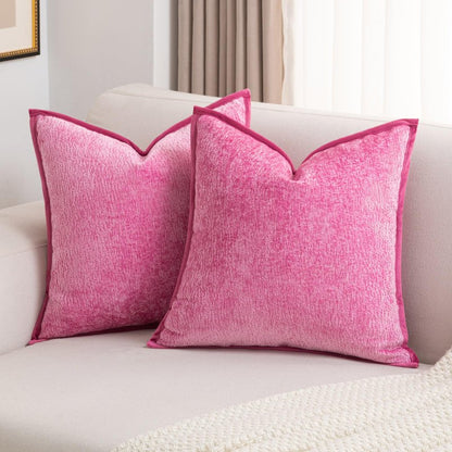 FUTEI Hot Pink Chenille Throw Pillow Covers 18x18 Inch Set of 2,Soft Cozy Bound Edge Design Cushion Case,Home Decor for Couch Bed Living Room