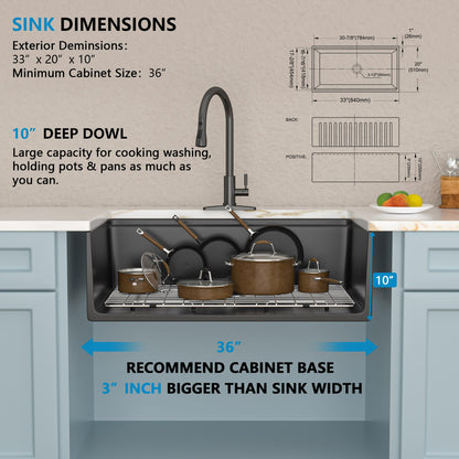 Fulorni 33"x20" Black Farmhouse Sink Workstation – Reversible Apron Front with Ledge, Matte Black Porcelain Ceramic Fireclay Single Bowl Farm Kitchen Sink Basin