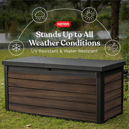 Keter Signature Collection 150 Gallon Resin Deck Box Organization and Storage for Patio Outdoor Cushions, Throw Pillows, Garden Tools and Pool Supplies, Rosewood