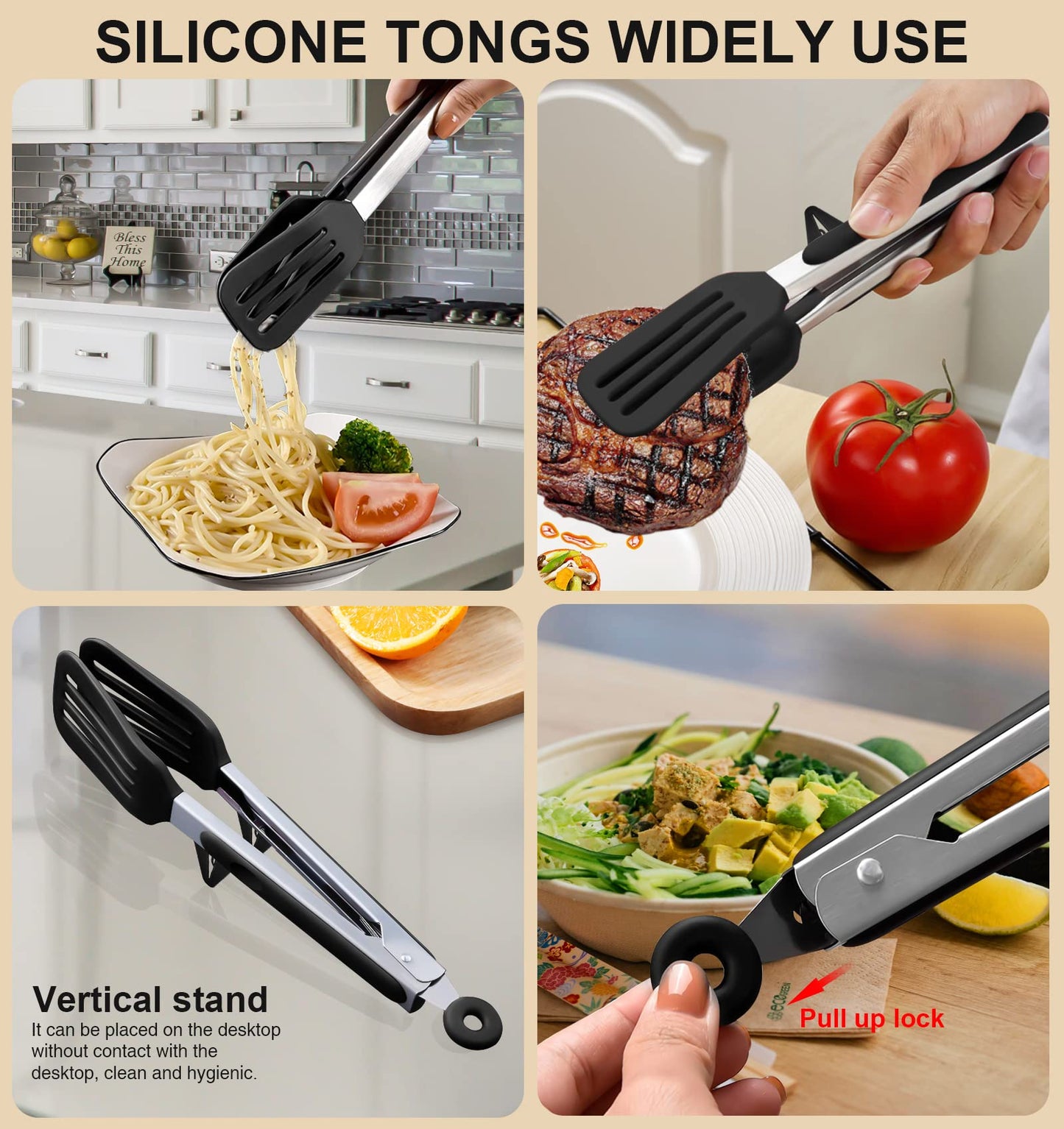 4PCS Flexible Silicone Spatula Turner Set and Kitchen Food Tongs with Silicone Tips, 600F Heat Resistant, Ideal for Flipping Eggs, Fish, Burgers, Pancake and Strong Grip on Salads, Pasta, Steaks, BBQ