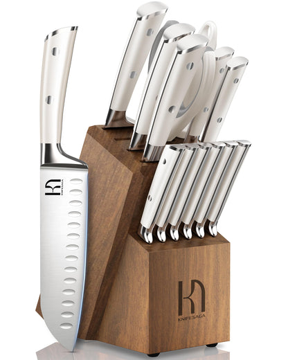 KnifeSaga Kitchen Knife Set Premium, Japanese High Carbon Stainless Steel 15 Pcs Enduring Ultra Sharp Knife Block Set with Sharpener and Wood Block, Professional White Chef Knives set for Kitchen