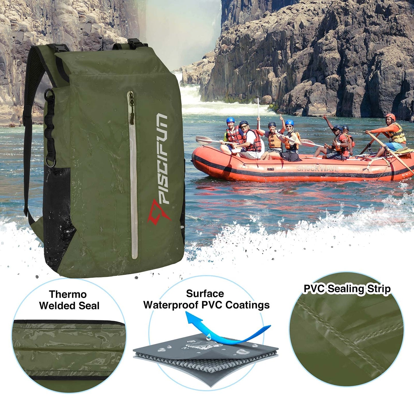 Piscifun Dry Bag Waterproof, Floating Dry Backpack, Lightweight Waterproof Dry Bag with Waist Pouch and Phone Case for Kayaking, Camping, Beach, Boating & Swimming for Men & Women Army Green 20L