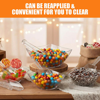 Vesici 48 Pcs 8 oz Clear Plastic Candy Bowls 24 Pcs with 12 Scoops and 12 Tongs Square Dessert Candy Bowl Buffet Containers Disposable Party Ice Cream Salad Dish for Serving Food Appetizers Supplies