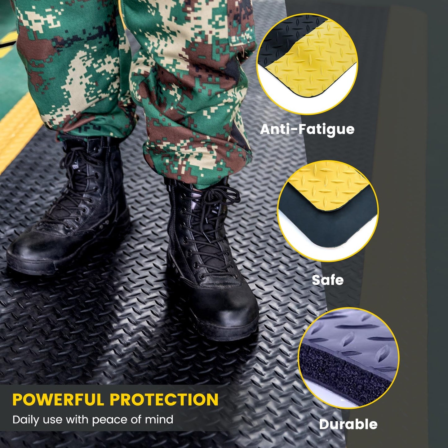 3' x 12' ESD Anti-Fatigue Conductive Mat, Durable Heavy Duty Diamond Plate, Soft Sponge Ergonomic Mat, Non Slip Waterproof Floor Mats for Commercial&Industrial Work Thick 3/4” Black with Yellow Border