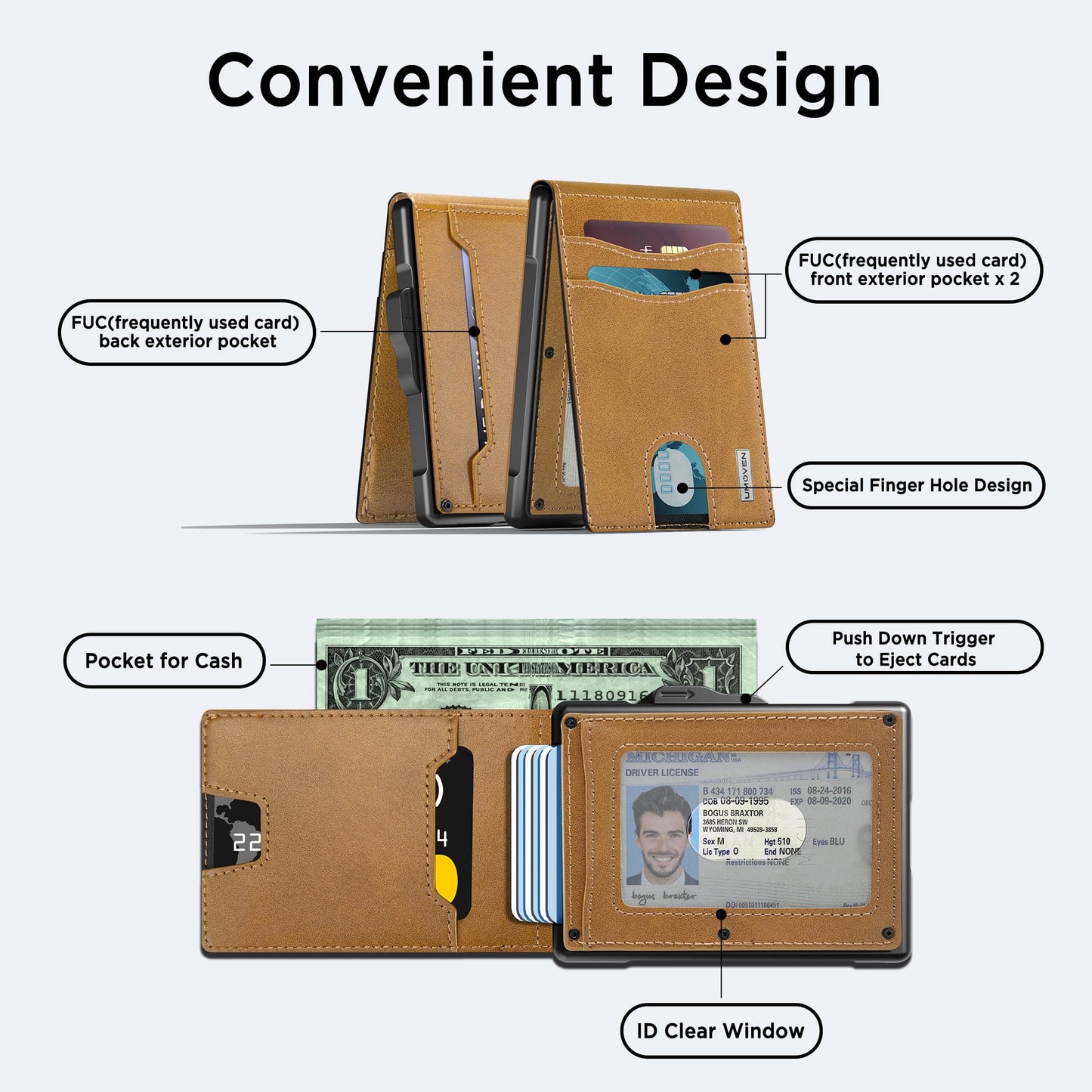 Wallet for Men - Pop Up Case, Cash Slot, and Credit Card Slot - Slim Aluminum Wallet with RFID Blocking, Minimalist Leather Wallet Front Pocket with ID Window (Browns)