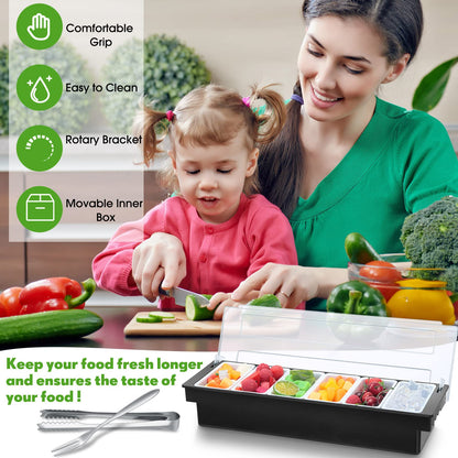 Gandeer 2 Ice Cooled Garnish Tray Deck Bar Garnish Caddy Condiment Containers with Lids and Removable Chilled Condiment Server with 6 Tongs and 6 Fruit Forks (6 Compartments)