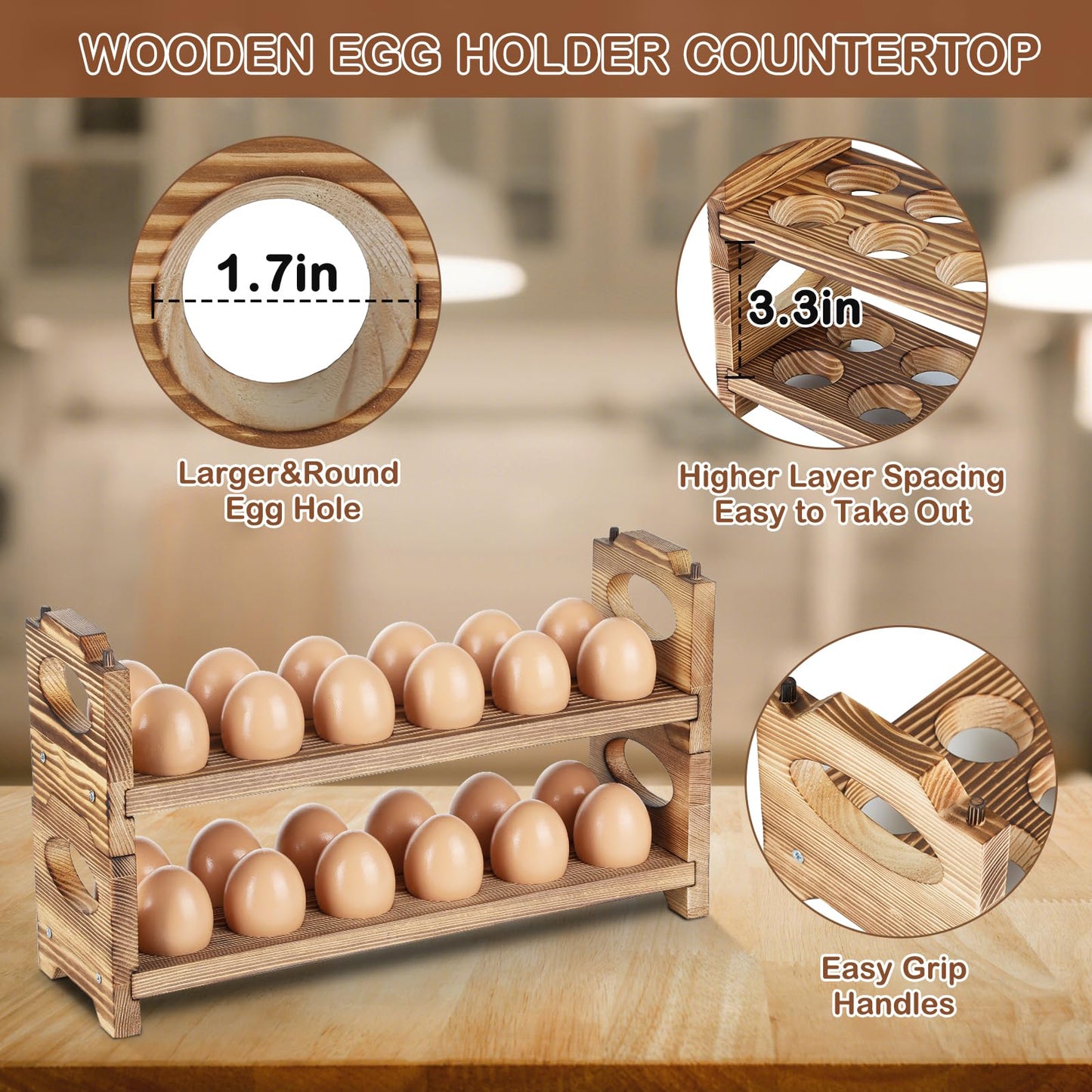 AOOHOOA Wooden Egg Holder Countertop, Stackable Wooden Egg Storage & Organizer, 2-Tier /24-Hole Farmhouse Eggs Rack Wood with Handle for Fresh Eggs to Store Chicken/Duck/Quail/Turkey/Easter Egg