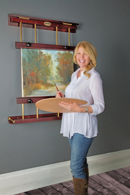Rue Wall Easel Medium - Mahogany Finish & Brass Hardware - 32" Wide Hanging Wall Mountable Display for Art, Adjustable Angle, Holds Canvas Up to 40", Decorative Holder, Easel Lamp Compatible, 26lbs