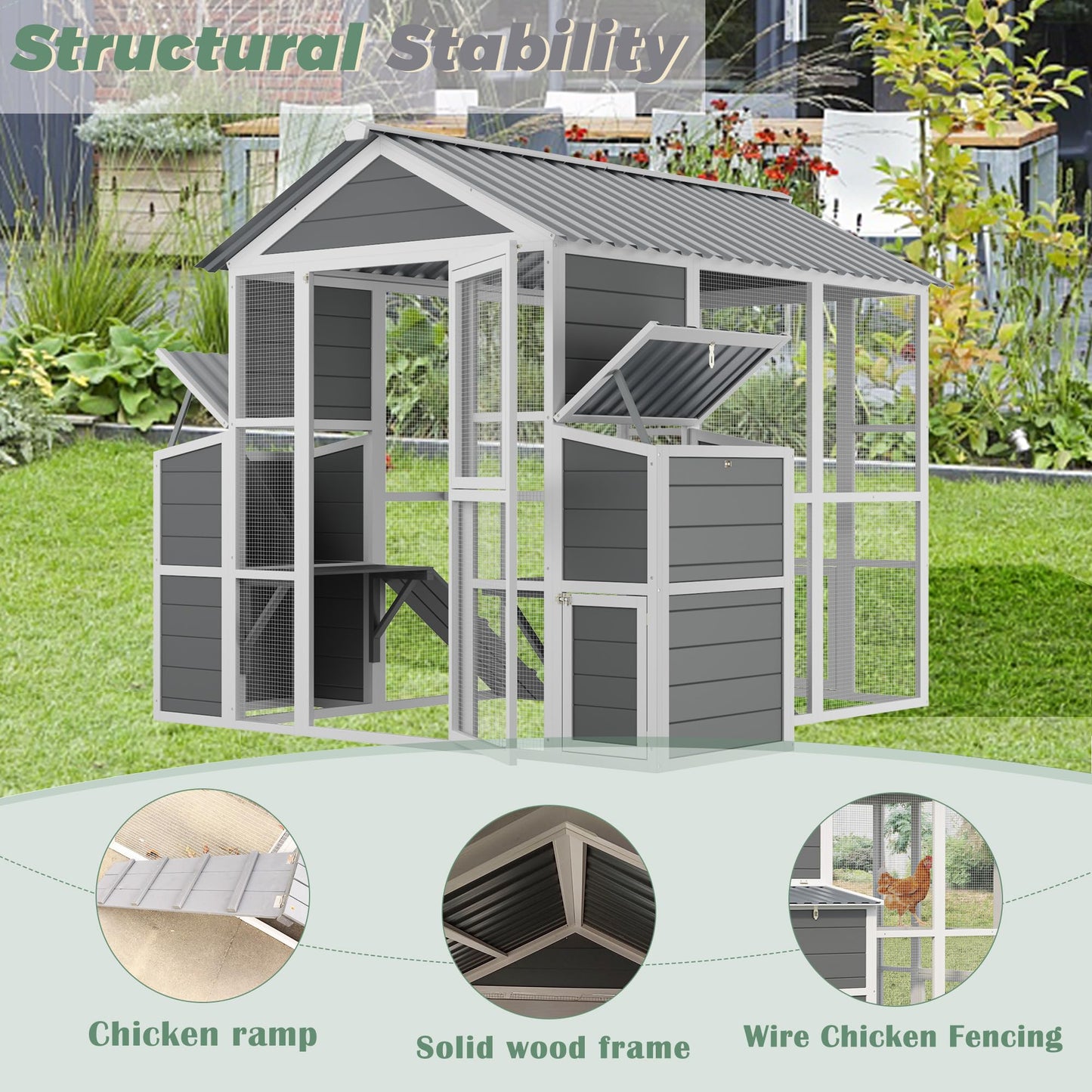 YOPTO Outdoor Chicken Coop for 10 Chickens,Extra Large Wooden Chicken House Nest Box Hen Houses with 2 Chicken Nesting Boxes,Poultry Pet Hutch w/Walk in Desgin,Ramp and Run,Waterproof Roof