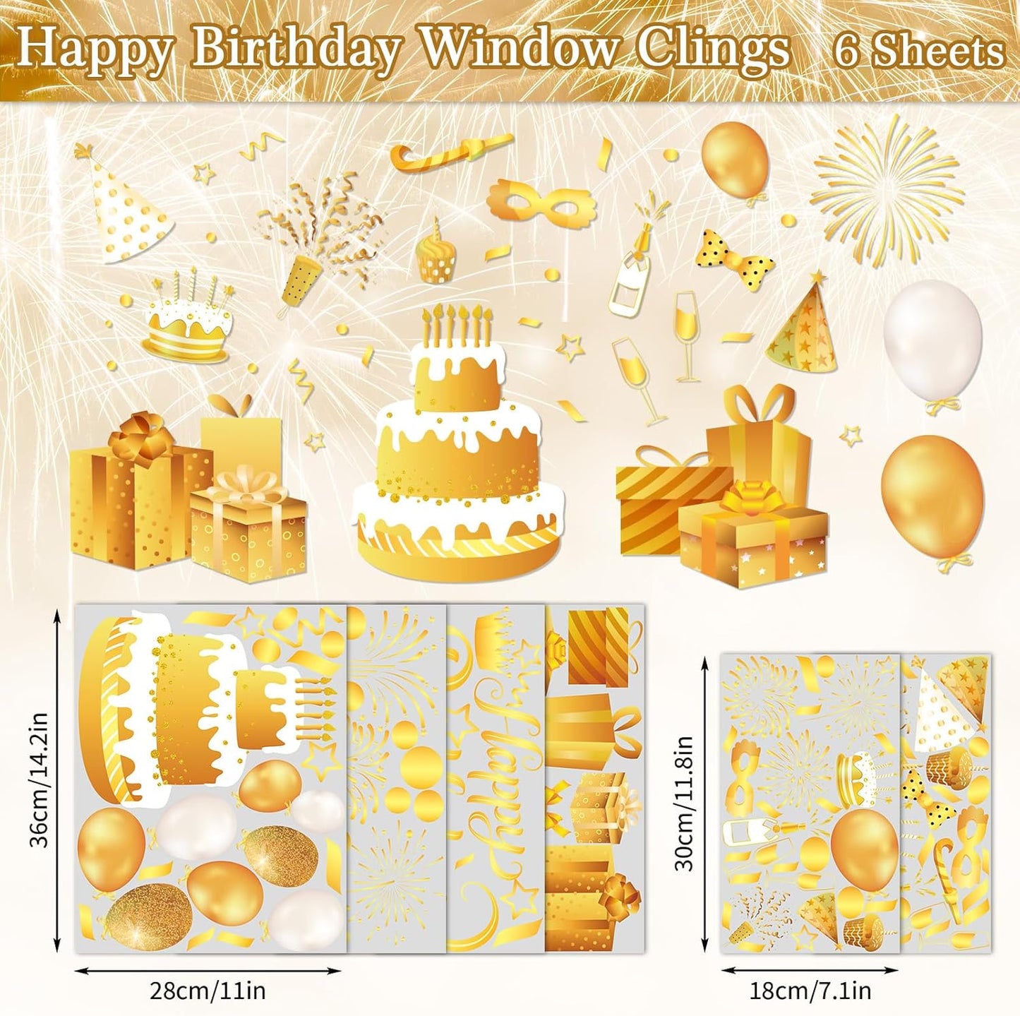 Whaline 134Pcs Birthday Window Clings, Gold Yellow Decals for Birthday Party Home School Decorations