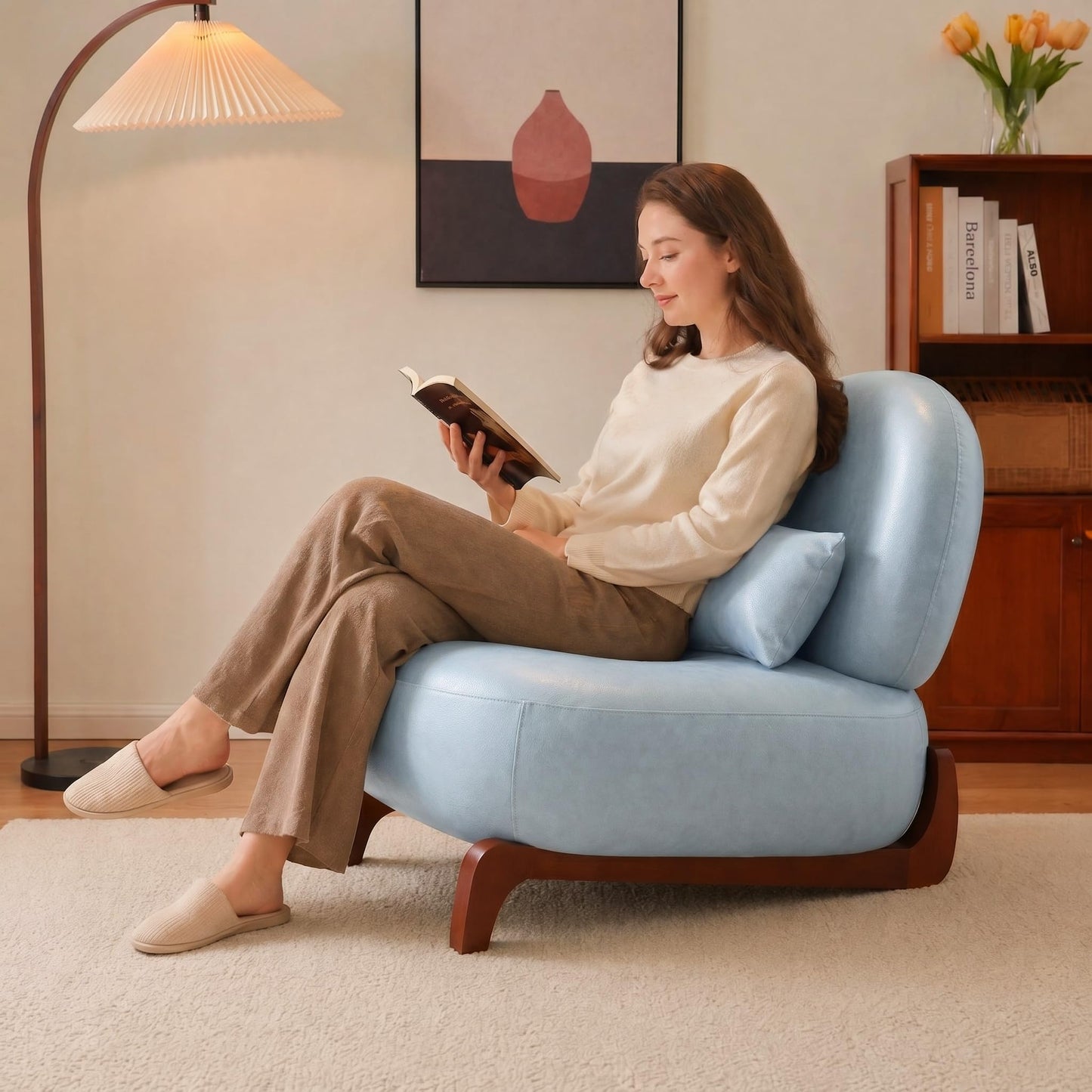 Trygoal Mid Century Modern Leather Armless Accent Chair, MCM Curved Back Lounge Chairs with Tilted Solid Wood Legs & Thick Lumbar Pillow, Single Cloud Sofa for Living Room Reading Nook (Blue)