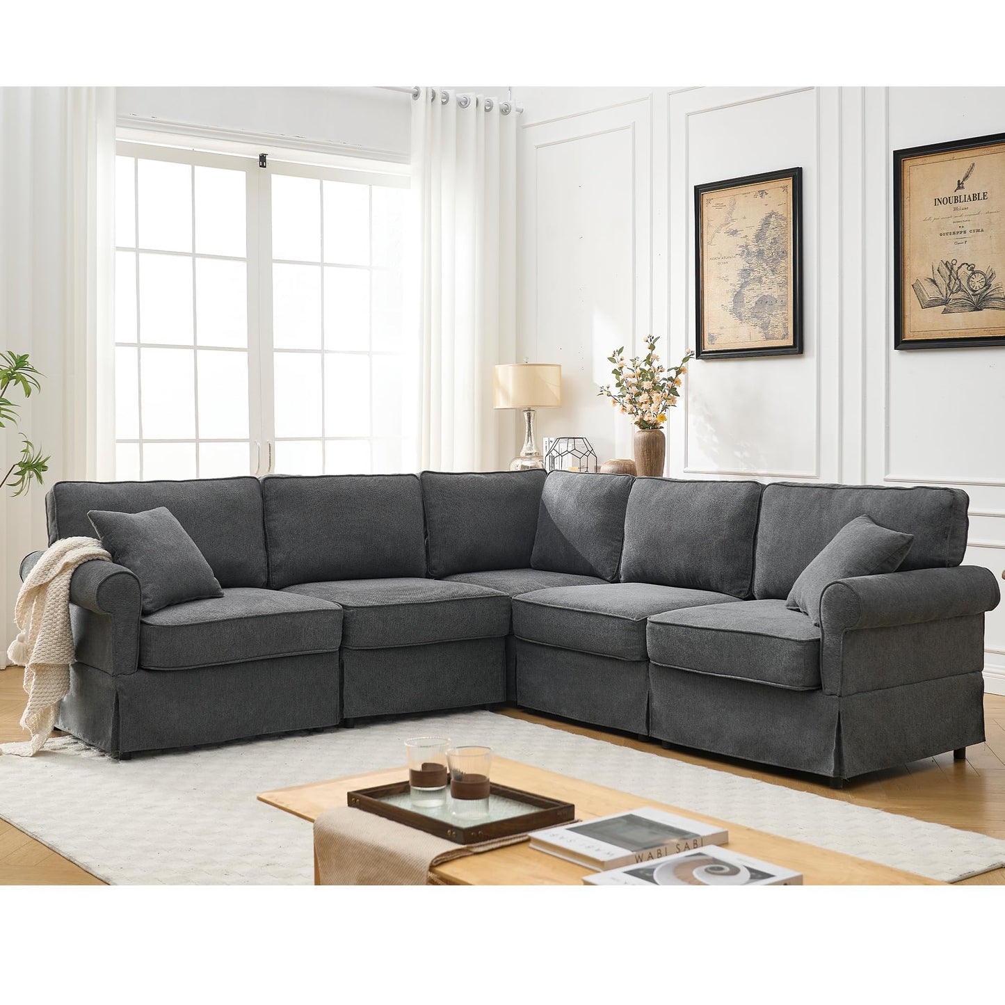 KEIKI 94" L-Shaped Oversized Modular Linen Sectional Sofa with Rolled Arms, Cushion Back, Modern Style Convertible 5-Seater Corner Couch, Easy Assembly, for Apartment, Living Room, Bedroom, Dark Gray