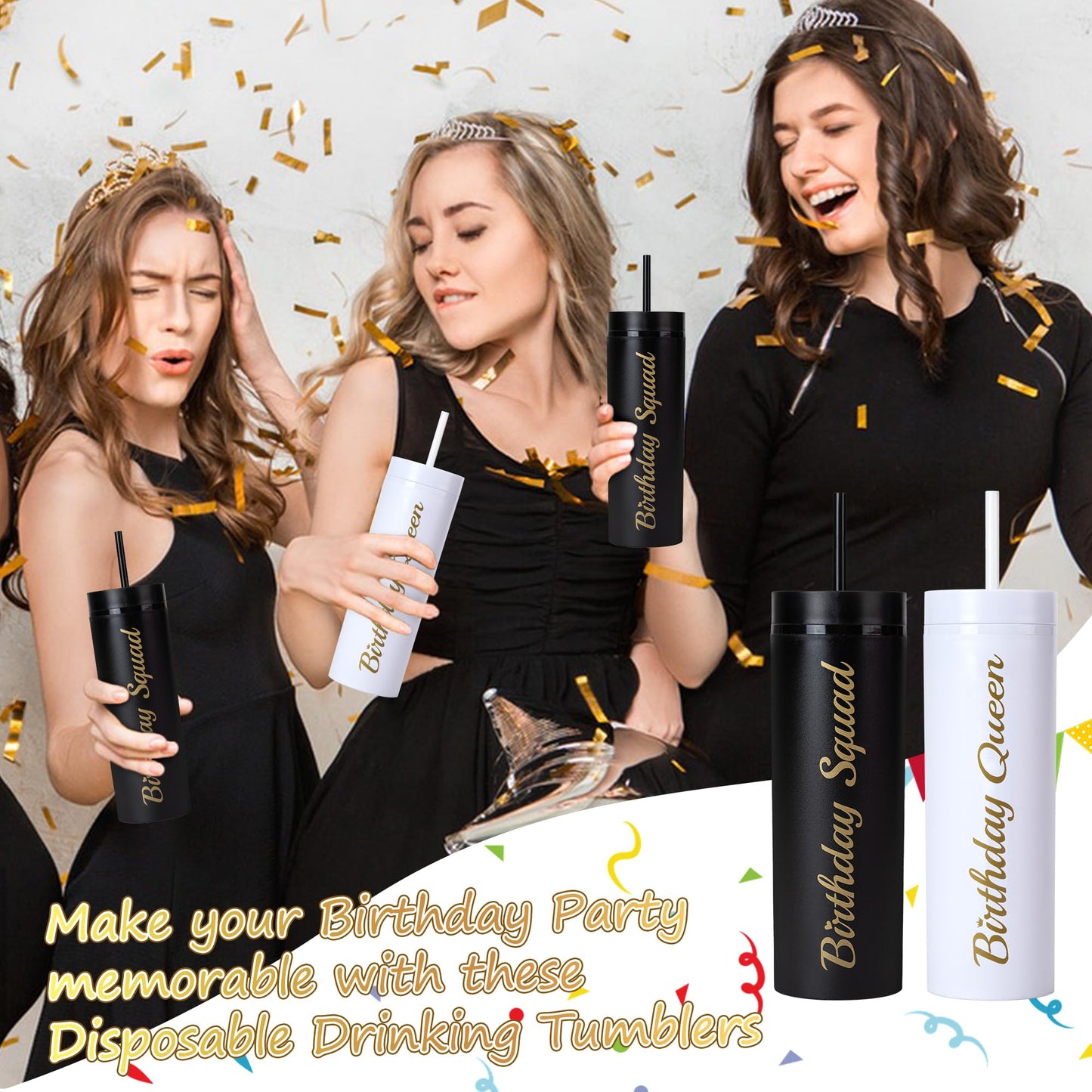 10 Pack Birthday Party Cups 16 oz Double Wall Birthday Squad Tumblers Birthday Queen Plastic Tumbler with Lid and Straws Birthday Cup Women Trip Cups for Women Trip Weekend Birthday Gifts(Black)
