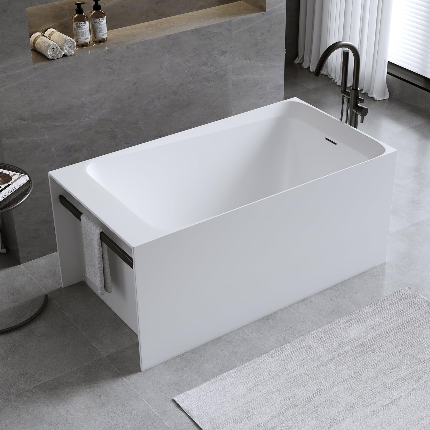 GDFStudio 51" Solid Surface Freestanding Bathtub, Matte White Resin Stone Soaking Tub with Overflow and Pop-Up Drain, Anti-Slip Stand Alone Deep Soaker Tub for Modern Bathroom Spa Relaxation