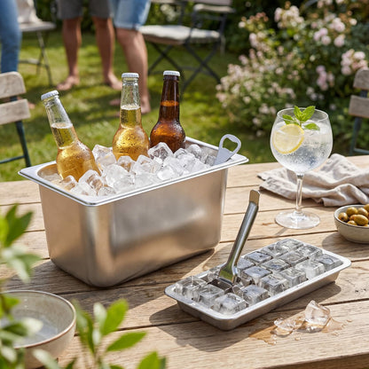 Baderke Stainless Steel Ice Cube Tray Ice Bucket 18 Slot Heavy Duty Metal Icecube Mold Wine Beer Champagne Bucket Container for Bars Parties Picnics