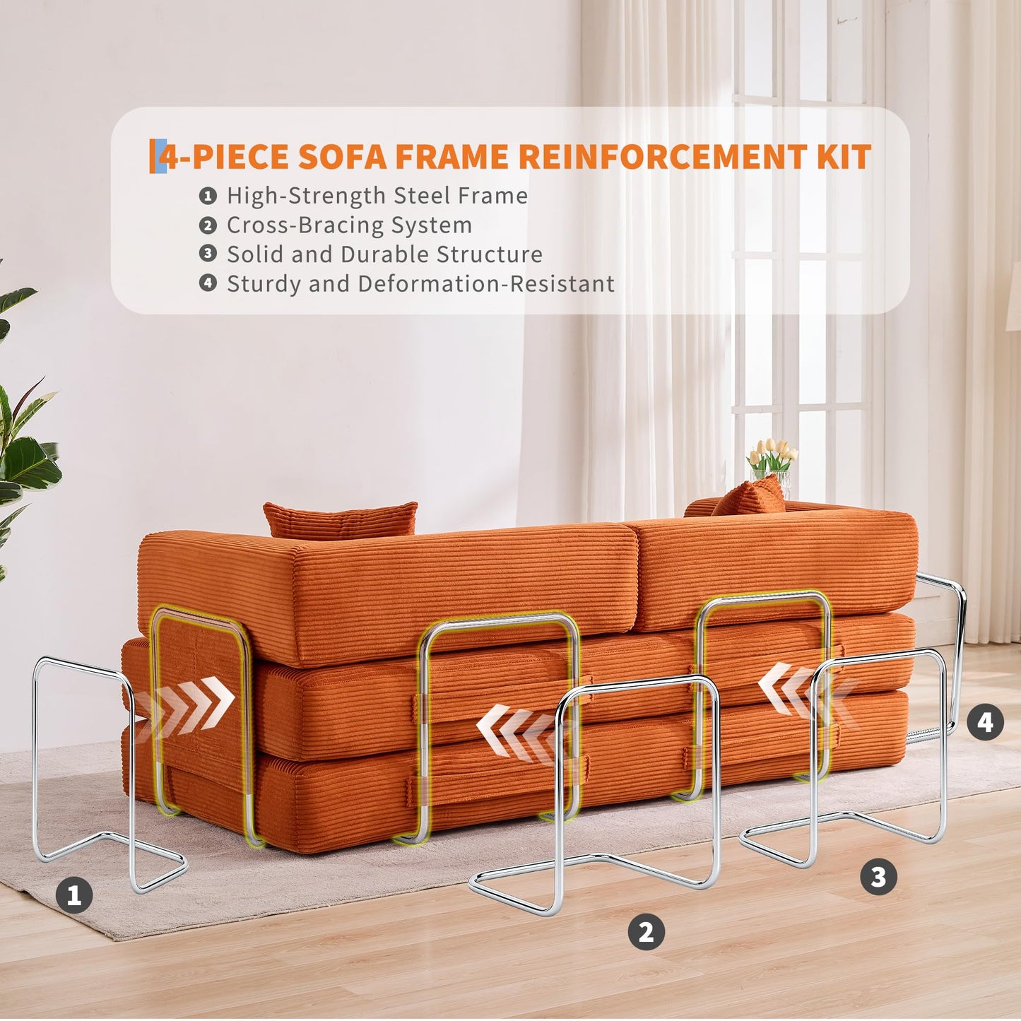 IDEALHOUSE Convertible Sofa Bed 5-in-1, 78.8 Inch Folding Futon Couch with Pull Out Bed, Corduroy Upholstered No-Assembly Loveseat Sleeper for Living Room, Bedroom, Lounge, Orange