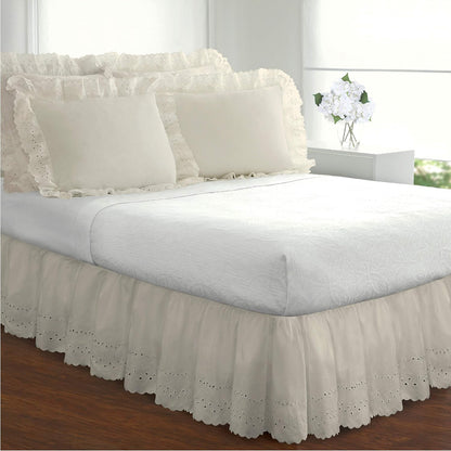 FRESH IDEAS Ruffled Bed Pillow Shams, King, Ivory, 2-Pack with Embroidered Eyelet Detail