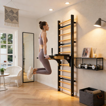 Swedish Ladder Pro, Wood Stall Bar with Push-Through Bar, Adjustable Pull-Up Dip Bar for Adults and Kids, Accessories Bundle, Spring, for Home, School, Physical Therapy and Gymnastics (40"x90“x26")