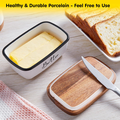 Butter Dish with Lid, ALELION Large Ceramic Butter Dish for Countertop, Butter Keeper with Thick Acacia Wood Lid, Kitchen Decor and Accessories for Kitchen Gifts, White