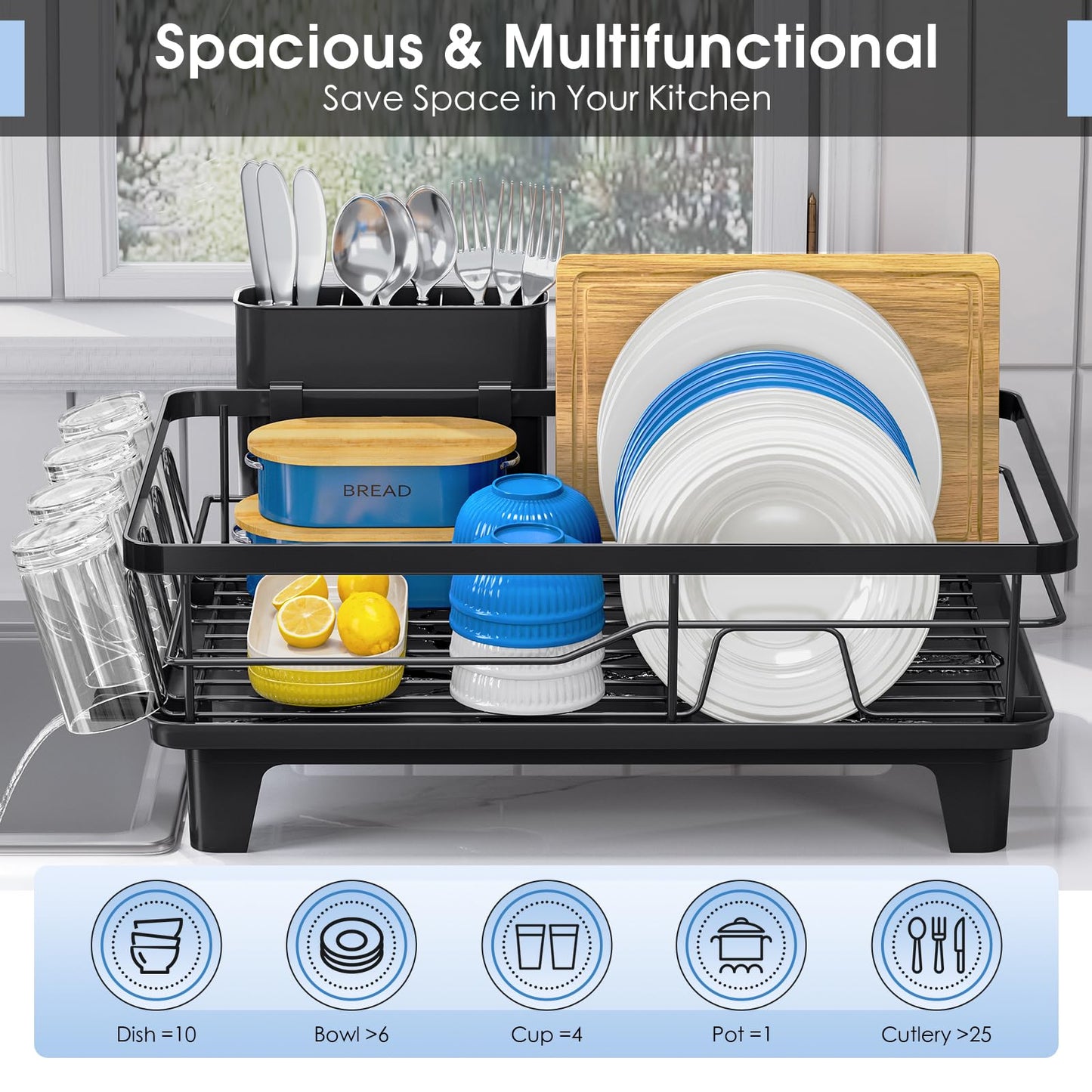 Urackify Dish Drying Rack for Kitchen Counter, Sink Dish Rack with Drainboard 12.2" W x 16.5" L, Large Dish Drainer with Cutlery Holder, Home Countertop Plate Dryer Storage Rack, Black