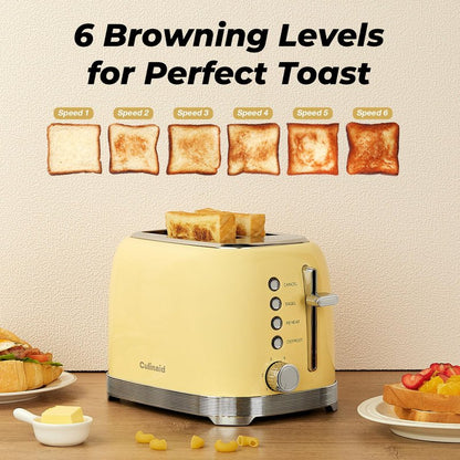 Culinaid Toaster 2 Slice Retro Stainless Steel with 1.5” Extra Wide Slots Bagel, Defrost, Reheat, Cancel Functions, 6 Bread Shade Settings, Removable Crumb Tray, Yellow