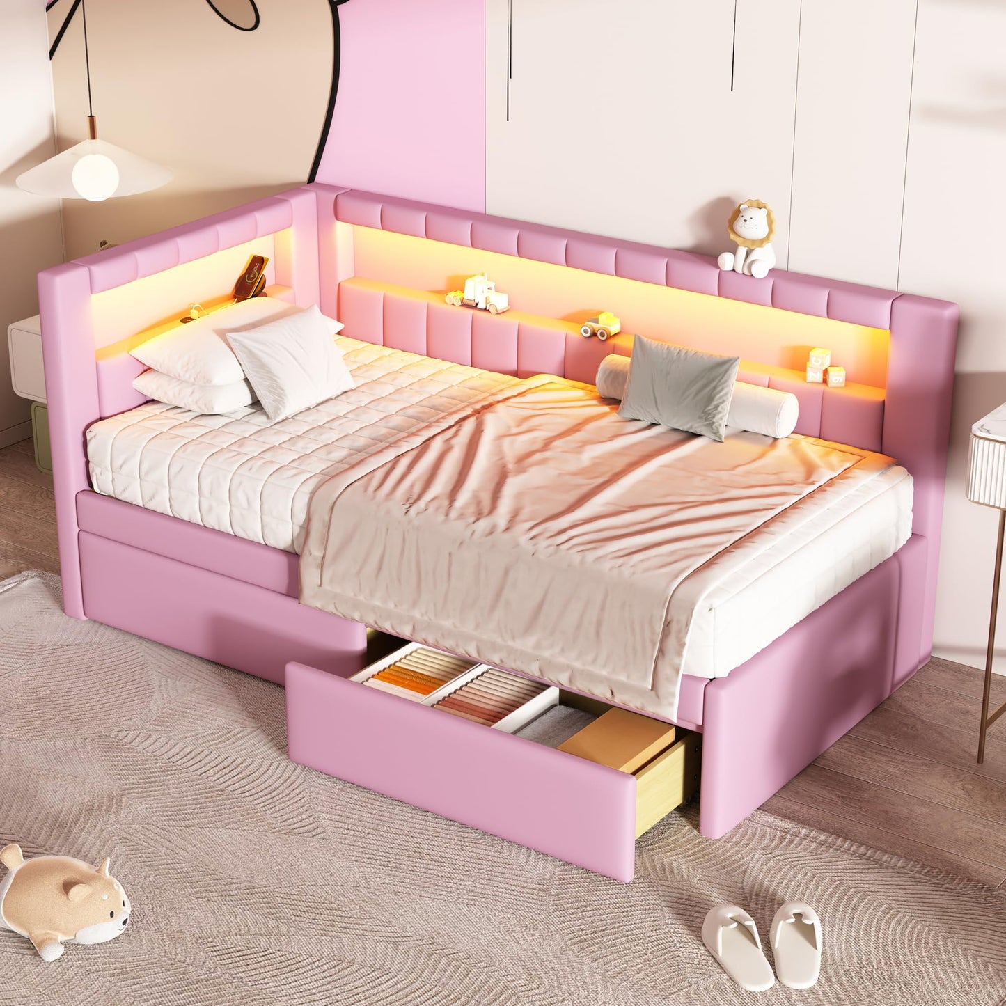 Bellemave Twin Size Upholstered Daybed with Drawers and USB/LED Belt, Corner Bed with Drawers. L-Shape daybed for Bedroom Living Room, Pink（Linen）
