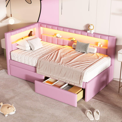 Merax Twin Size Modern Upholstered Platform Bed with USB Ports & Storage Drawers, Floor Sofa Daybed with Wood Slat Support, Storage Bed Frame with Headboard/Twin, Pink
