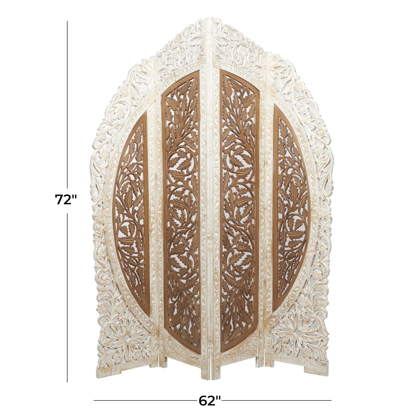 Deco 79 Mango Wood Floral Handmade Partition Room Divider Screen Foldable Arched Partition 4 Panel Privacy Screen with Intricately Carved Designs, Room Partition 62" x 1" x 72", Brown