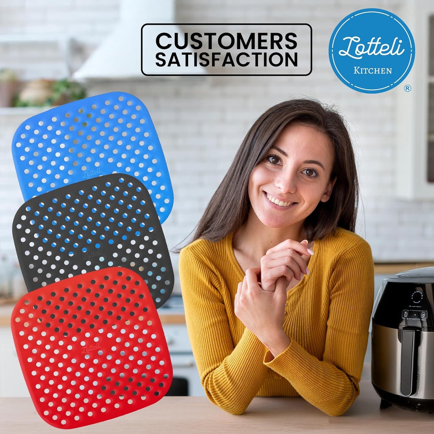 Reusable Air Fryer Liners 3 Pack, 7.5" Square Silicone for 3-5QT or Bigger, Easy to Clean Non-Stick Parchment