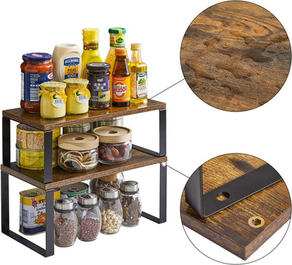 YMYNY Cabinet Shelf Organizer, Extendable Set of 2 Countertop Storage Racks for Kitchen, Rustic Brown
