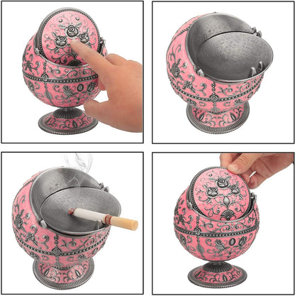 Windproof Ashtray with Lid for Cigarettes, Portable Metal Cigar Ashtray with Hand Stamped Rose Pattern