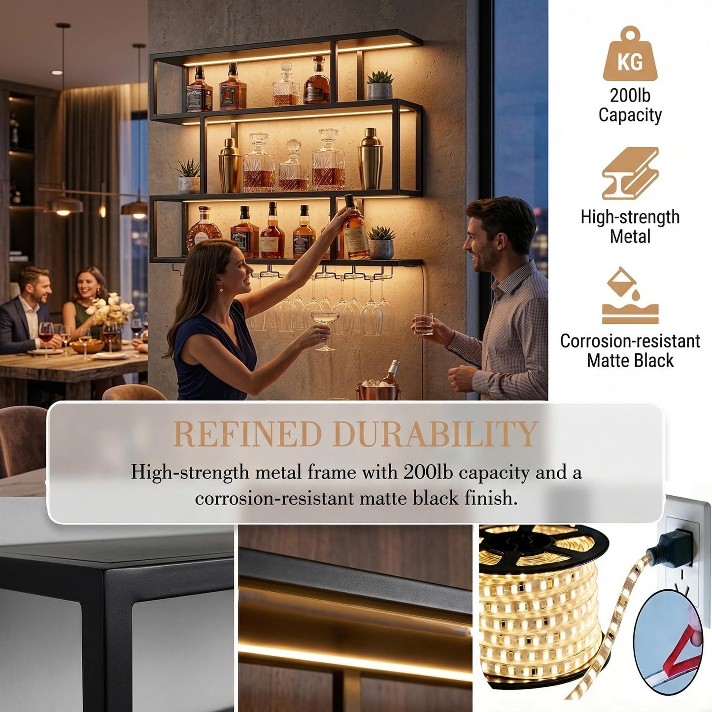 70.8IN Large Wall Mounted Wine Rack with LED Light,Metal 4 Tier Floating Wine Shelf with Glass Holder,Industrial Bar Shelf Wall Mounted Liquor Shelf Wall Mounted for Home Bar (Black 70.8in/180cm)