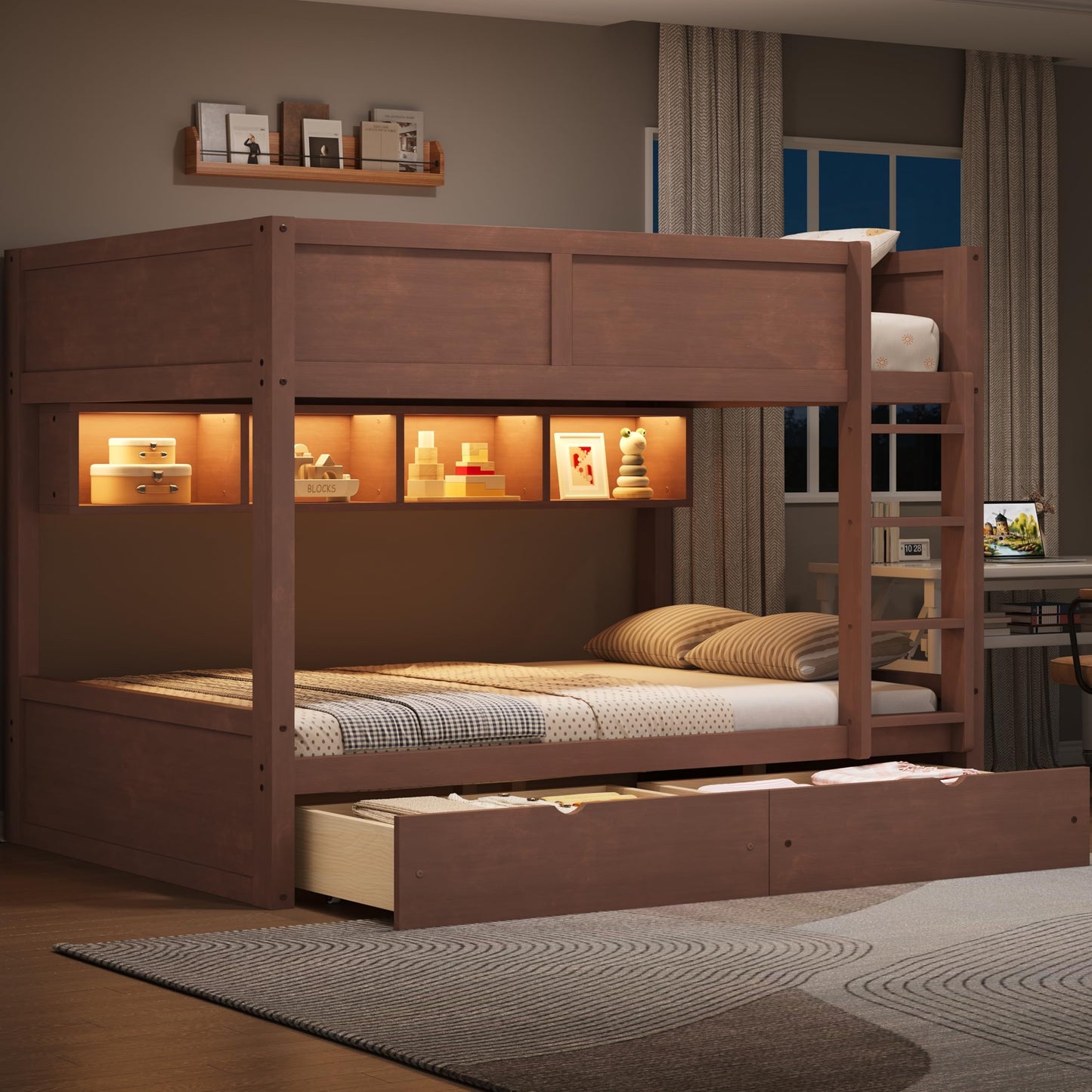 Merax Full XL Over Full XL Wood Bunk Bed Frame with Ladder,Storage Shelves & Drawers for Teens, Modern Low Bunk Bed with Solid Slats, Guardrail, No Box Spring Required, Easy Assembly, Brown