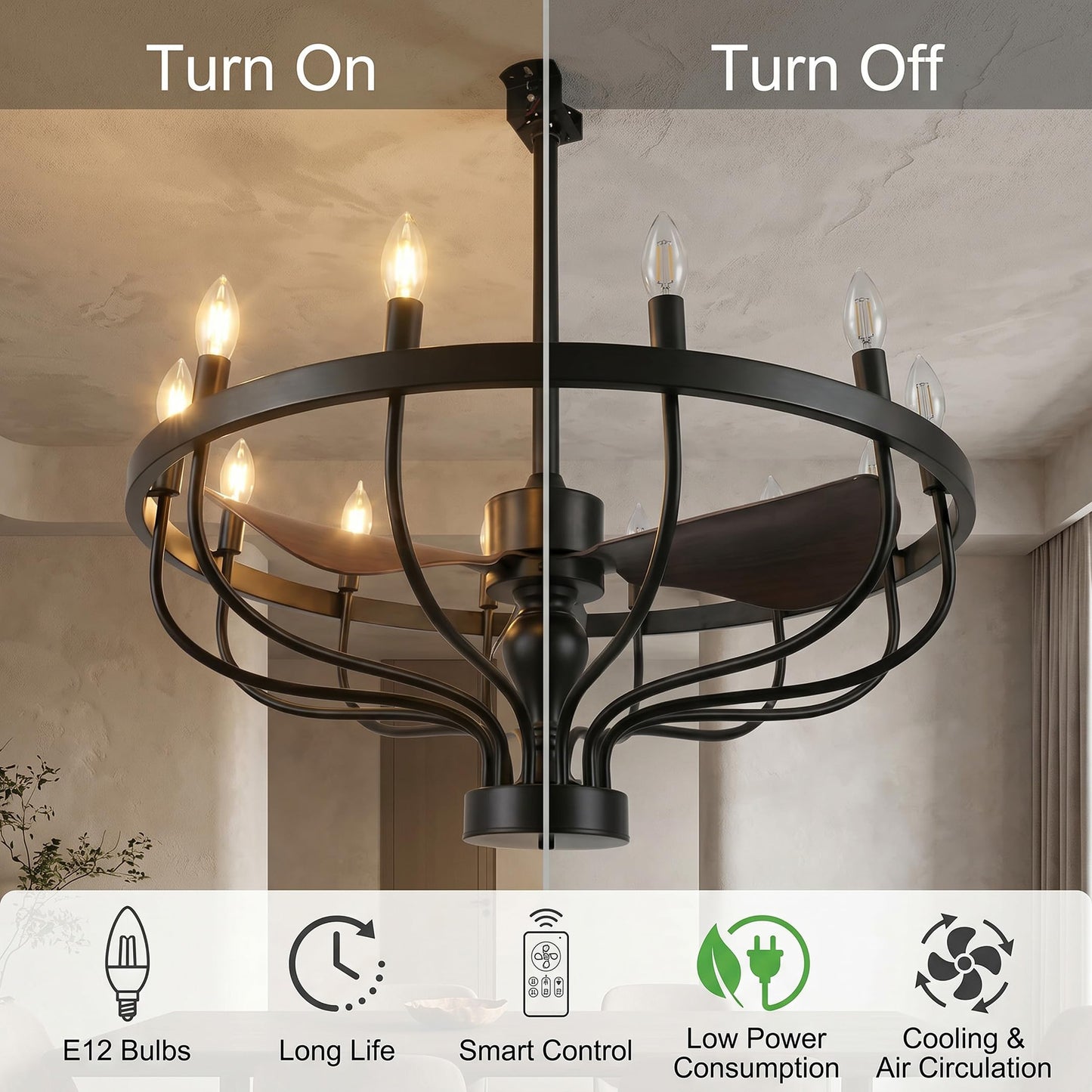 Fiqevs 32-inch Farmhouse Chandelier Fan with Remote Control, DC Motor, 12 LED Lights, Reversible Quiet Operation, Industrial Black Wagon Wheel Rustic Ceiling Fan for Bedroom and Living Room