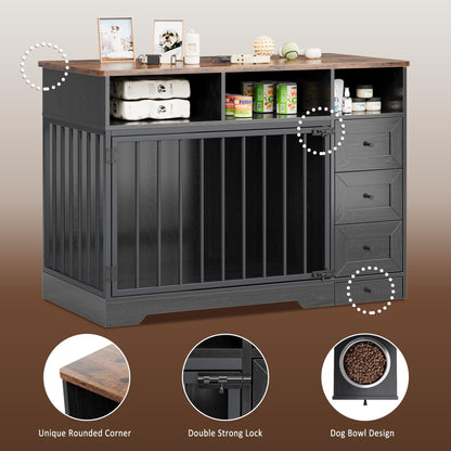 GarveeLife 48'' Dog Crate Furniture, Farmhouse Heavy Duty Dog Kennel with Bowl & Storage Drawers, Medium Dog Cage End Table for Small Medium Dogs, Black